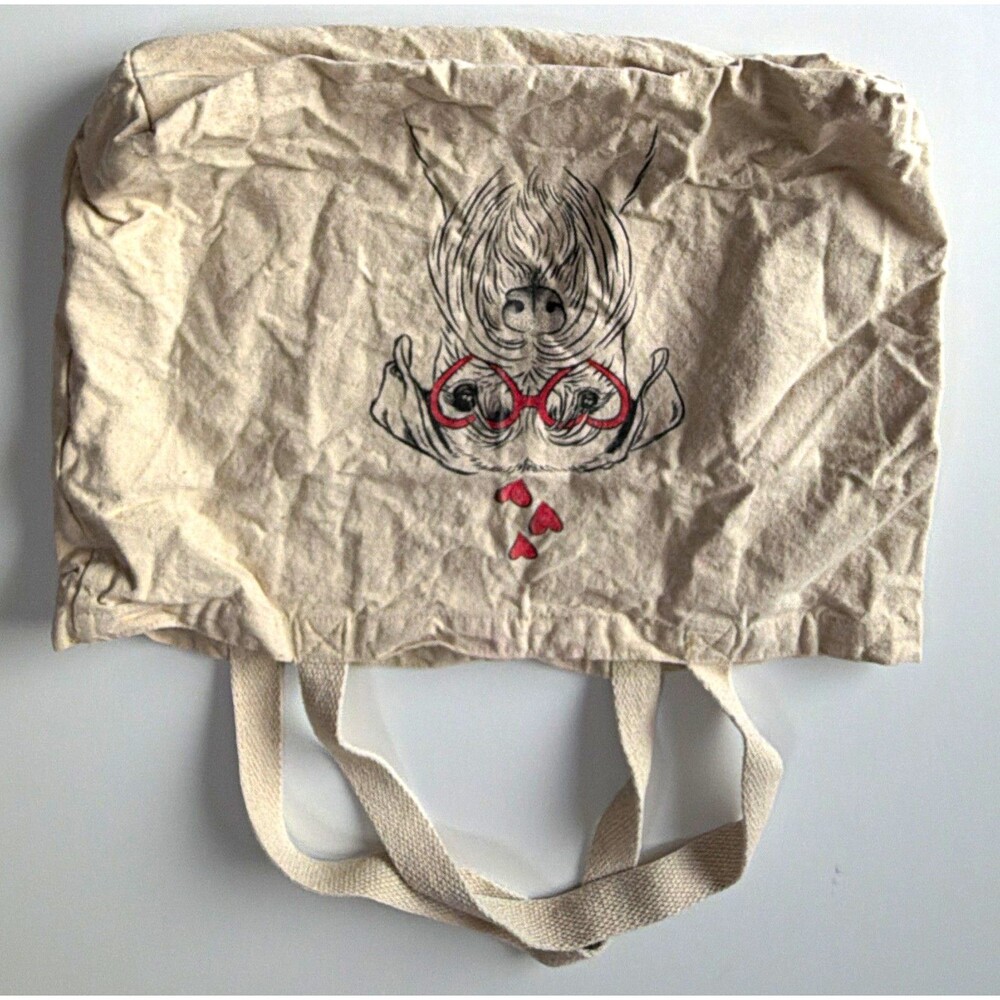 Beige Canvas Tote Bag Dog Heart Print, Reusable, 20 x 12 x 3 in